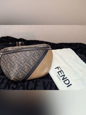 Fendi Brown FF Monogram Crossbody/ belt bag with Tan and Black Panels